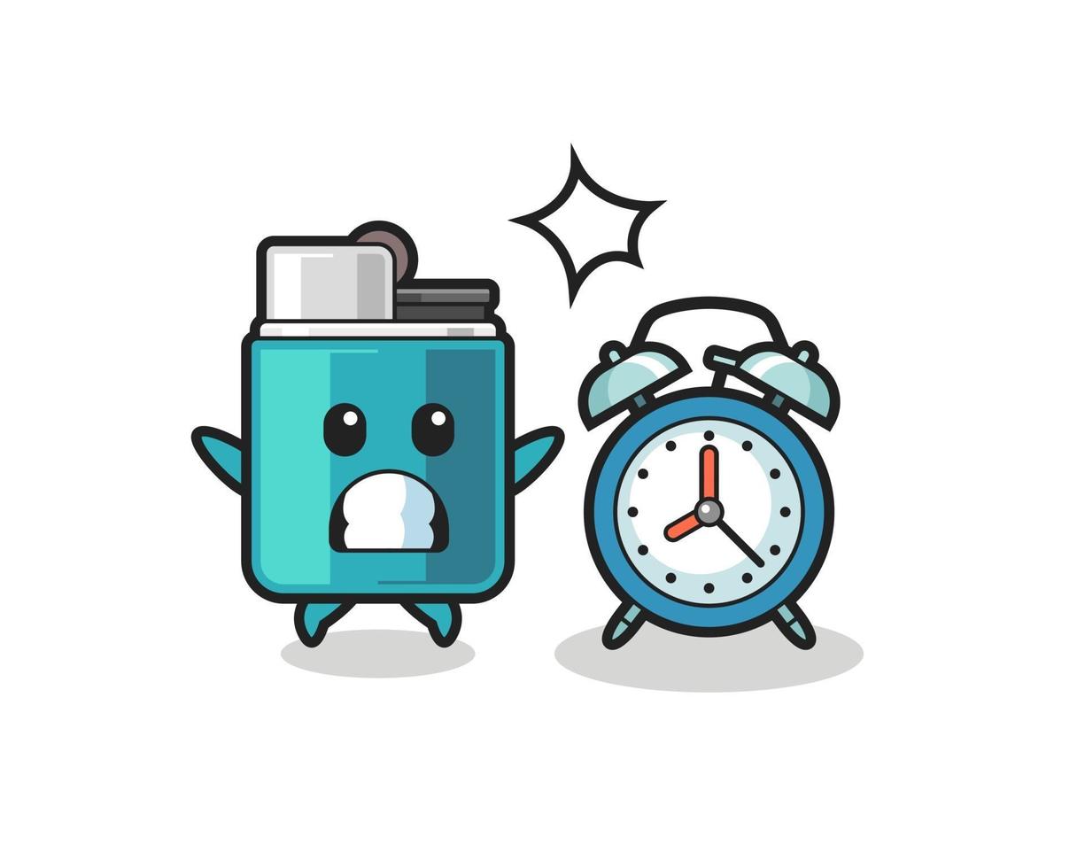 Cartoon Illustration of lighter is surprised with a giant alarm clock vector