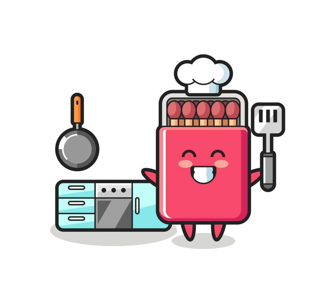 Ilustración de personaje de caja de coincidencias mientras un chef está cocinando vector