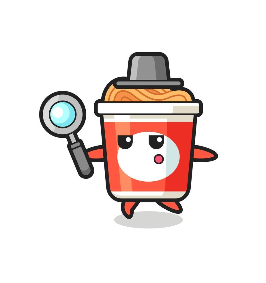 instant noodle cartoon character searching with a magnifying glass vector