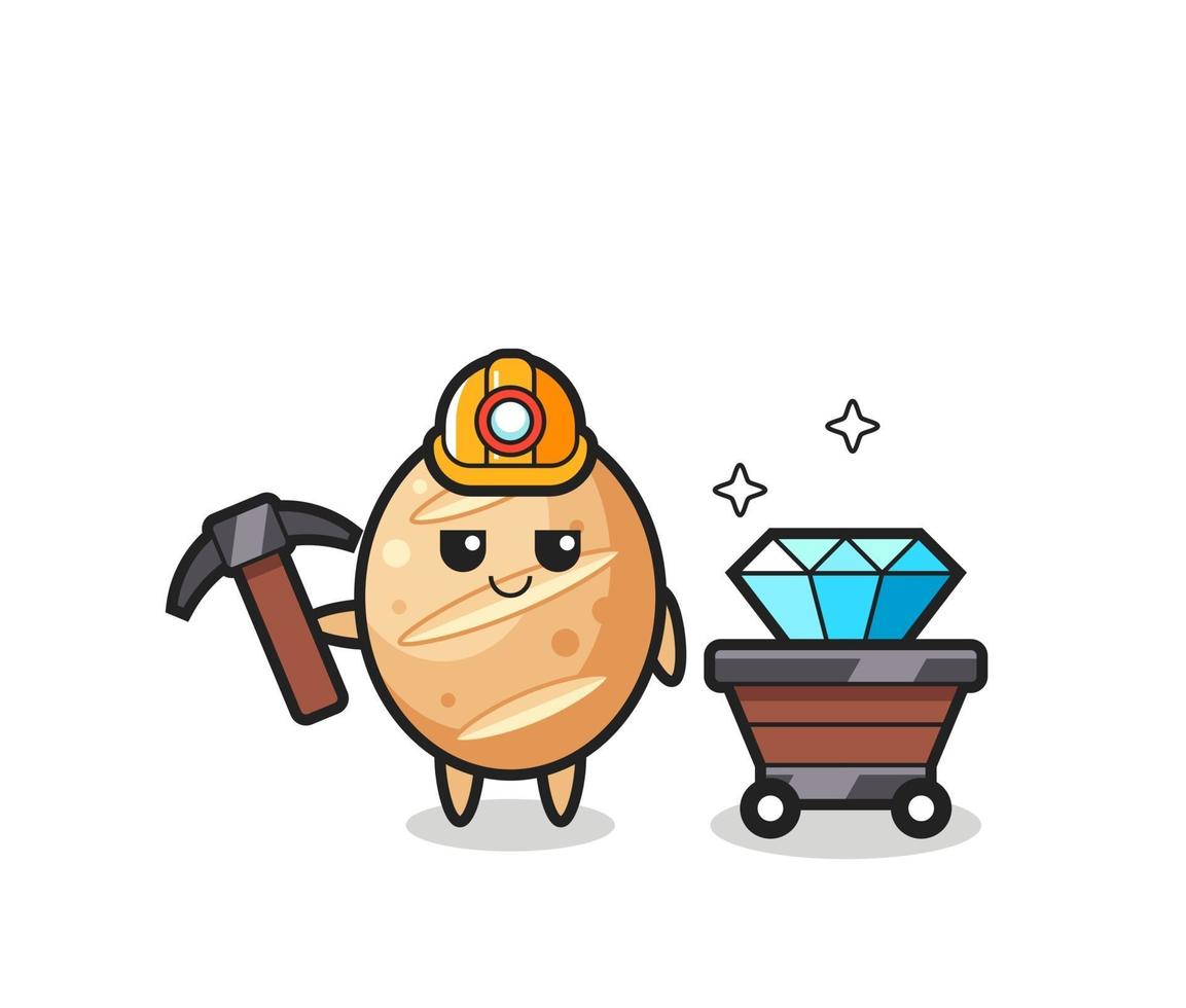 Character Illustration of french bread as a miner vector