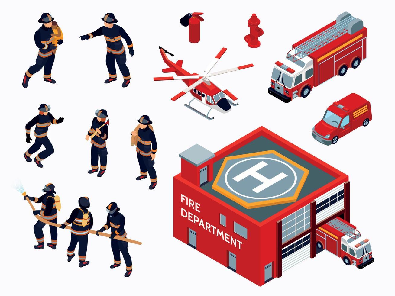 conjunto de iconos isométricos del departamento de bomberos vector