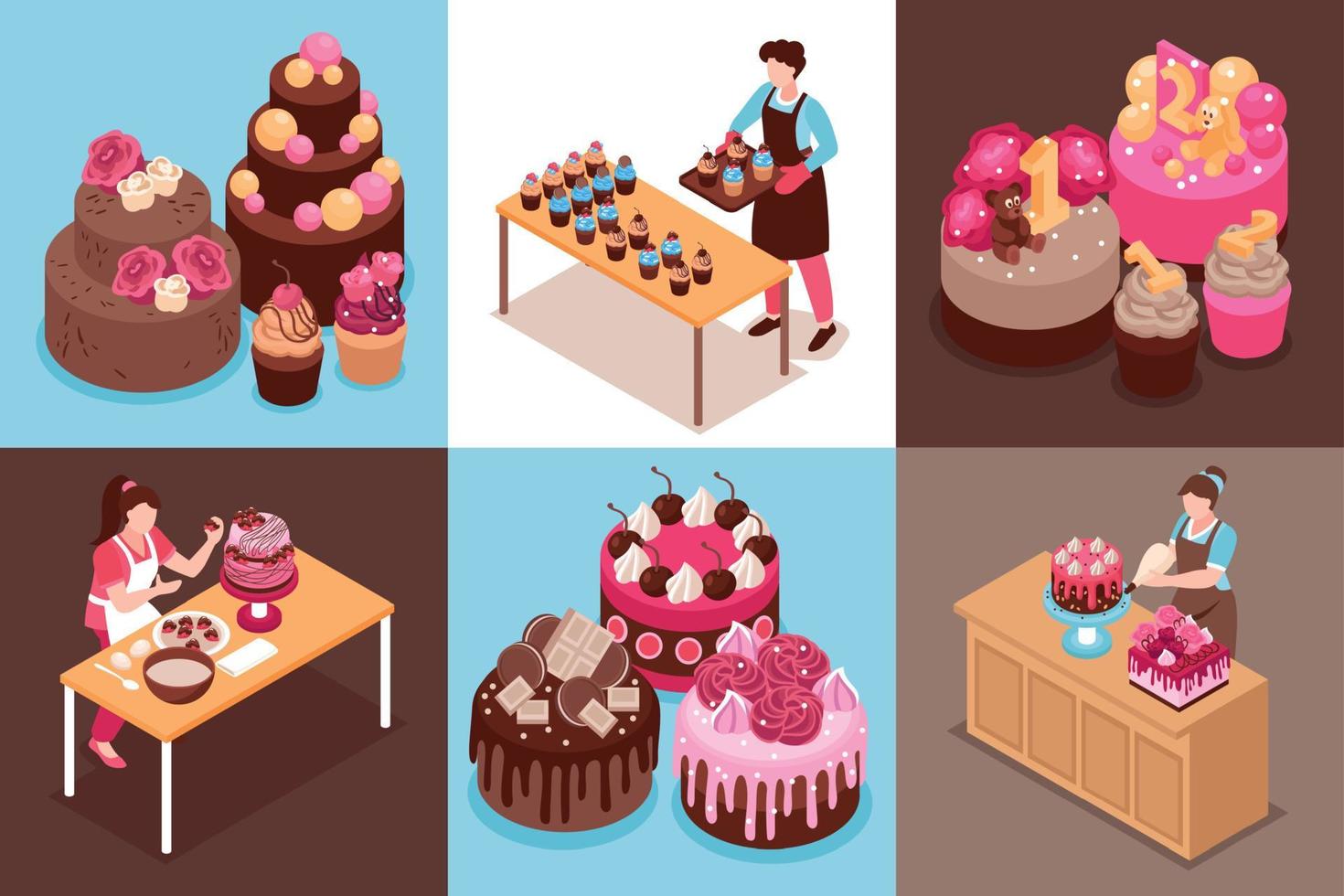 Isometric Homemade Cake Design Concept Set vector