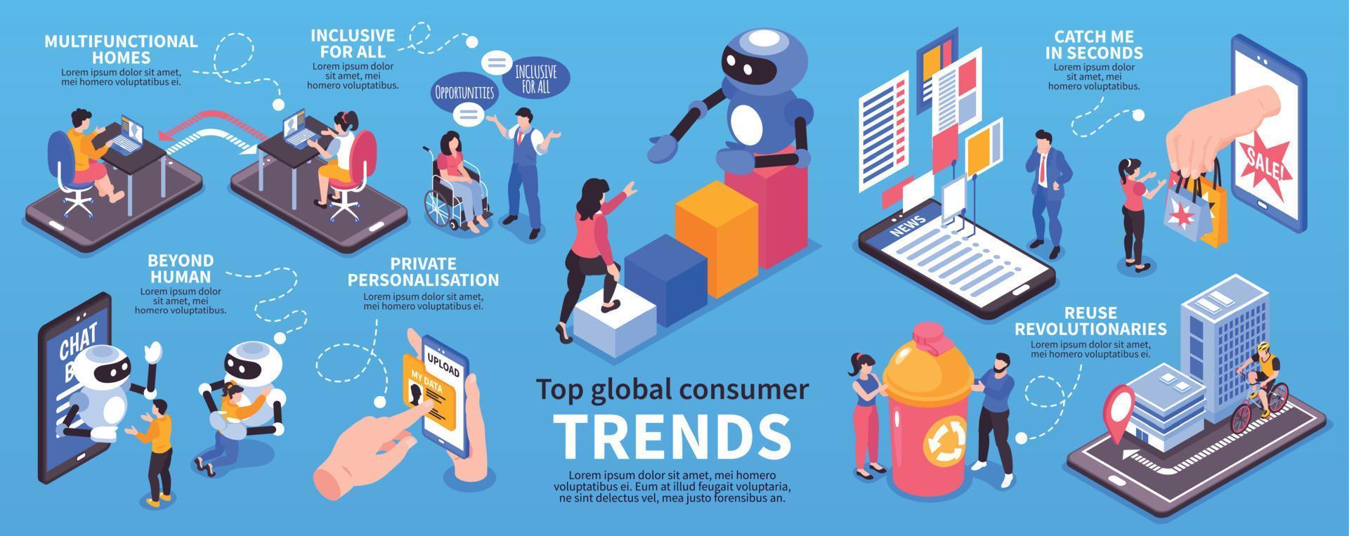 conjunto de infografías de tendencias de consumo global isométrico vector