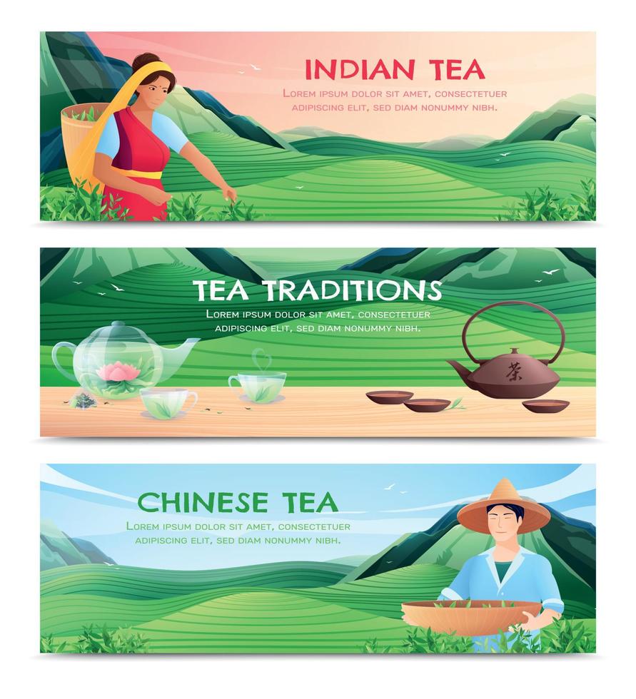 Natural Tea Production Horizontal Banners vector