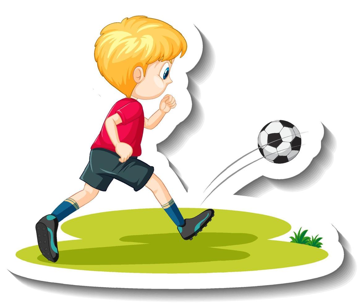 un niño jugando al fútbol pegatina de personaje de dibujos animados vector