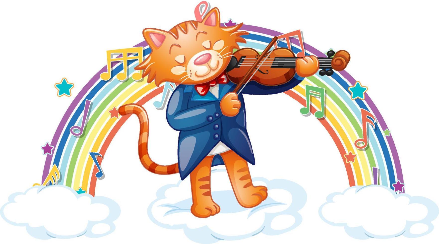 Cat playing violin with melody symbols on rainbow vector