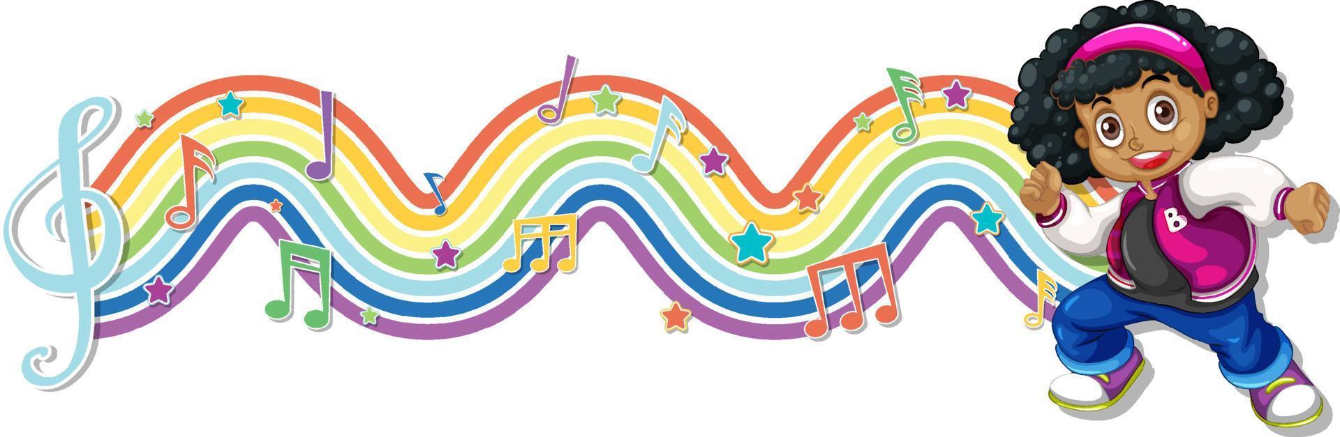 Girl with melody symbols on rainbow wave vector