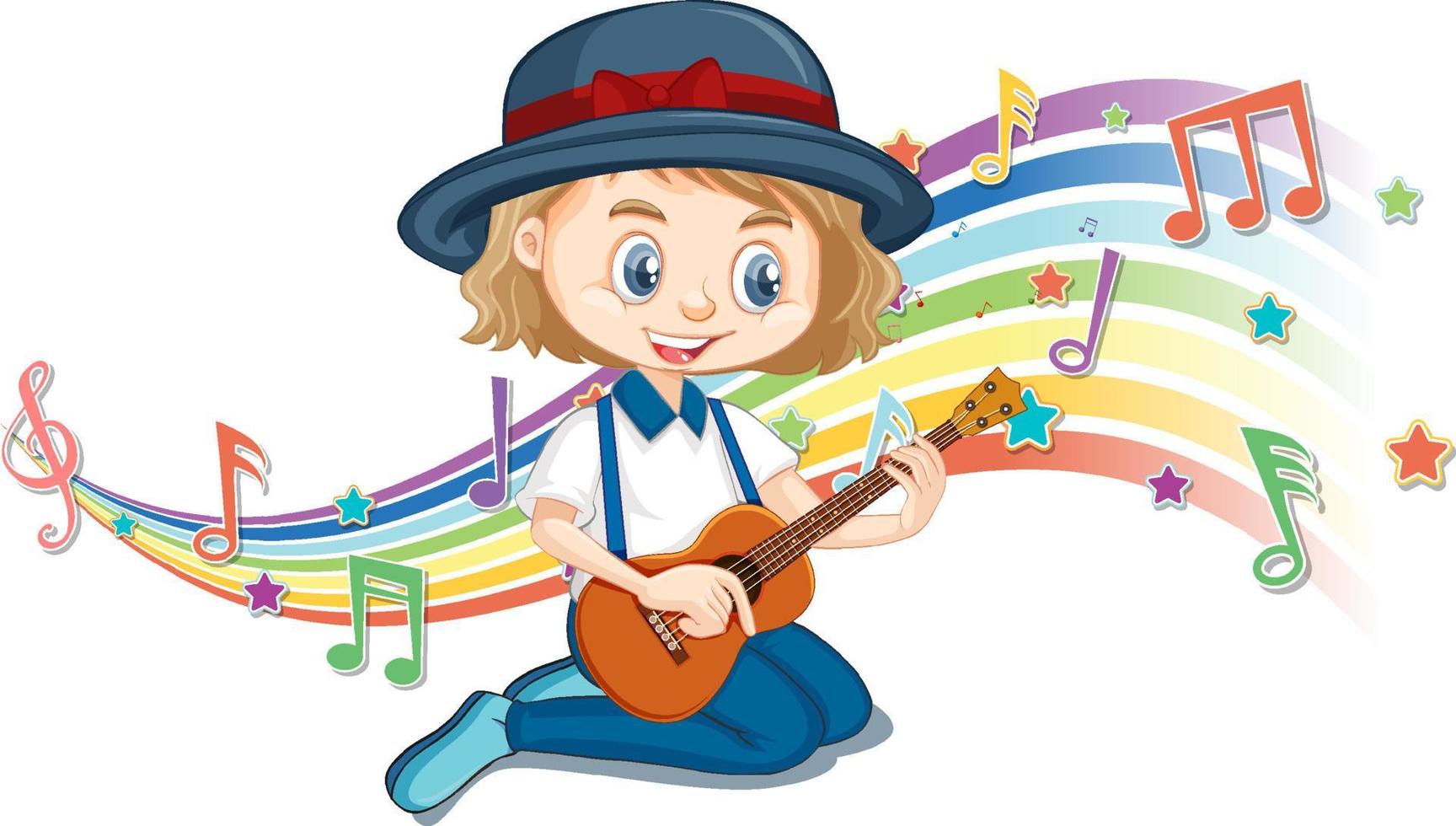 Girl playing guitar with melody symbols on rainbow wave vector