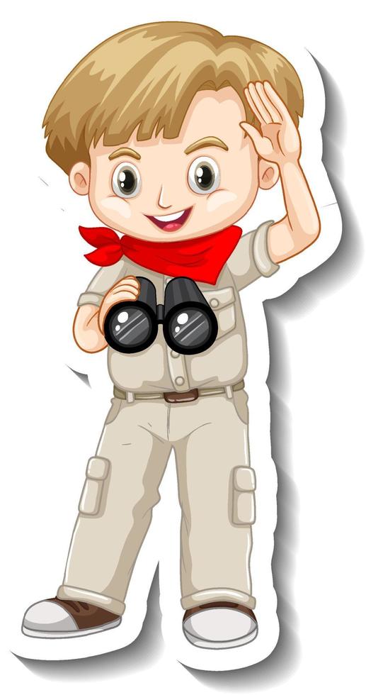 Boy in safari outfit using binoculars cartoon character sticker vector