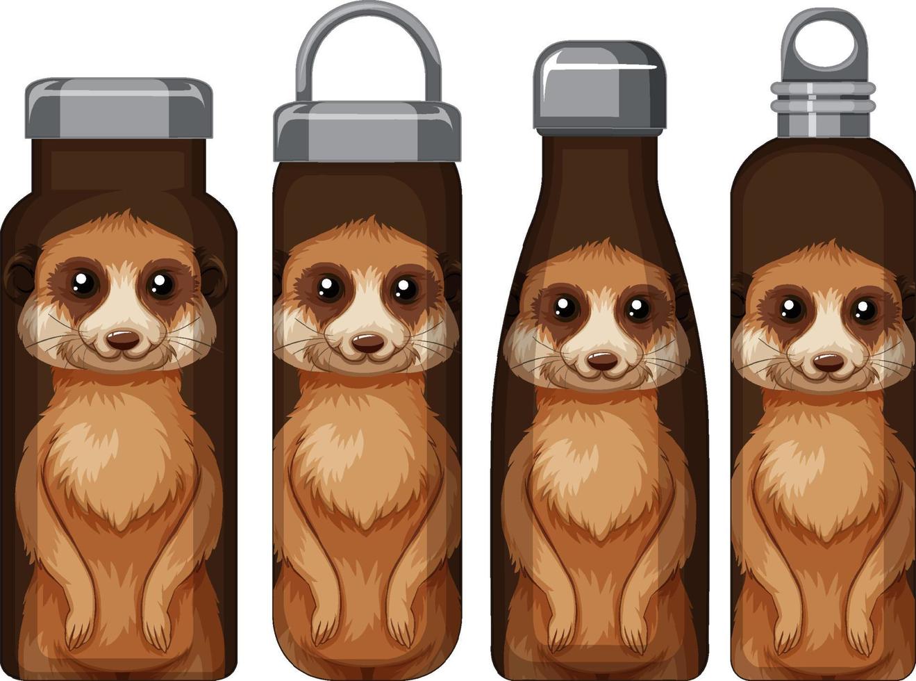 Set of different brown thermos bottles with meerkat pattern vector