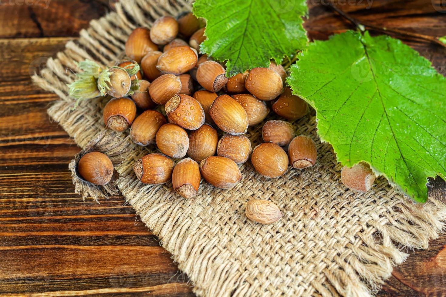 Hazelnuts on a wooden background with green leaves. photo