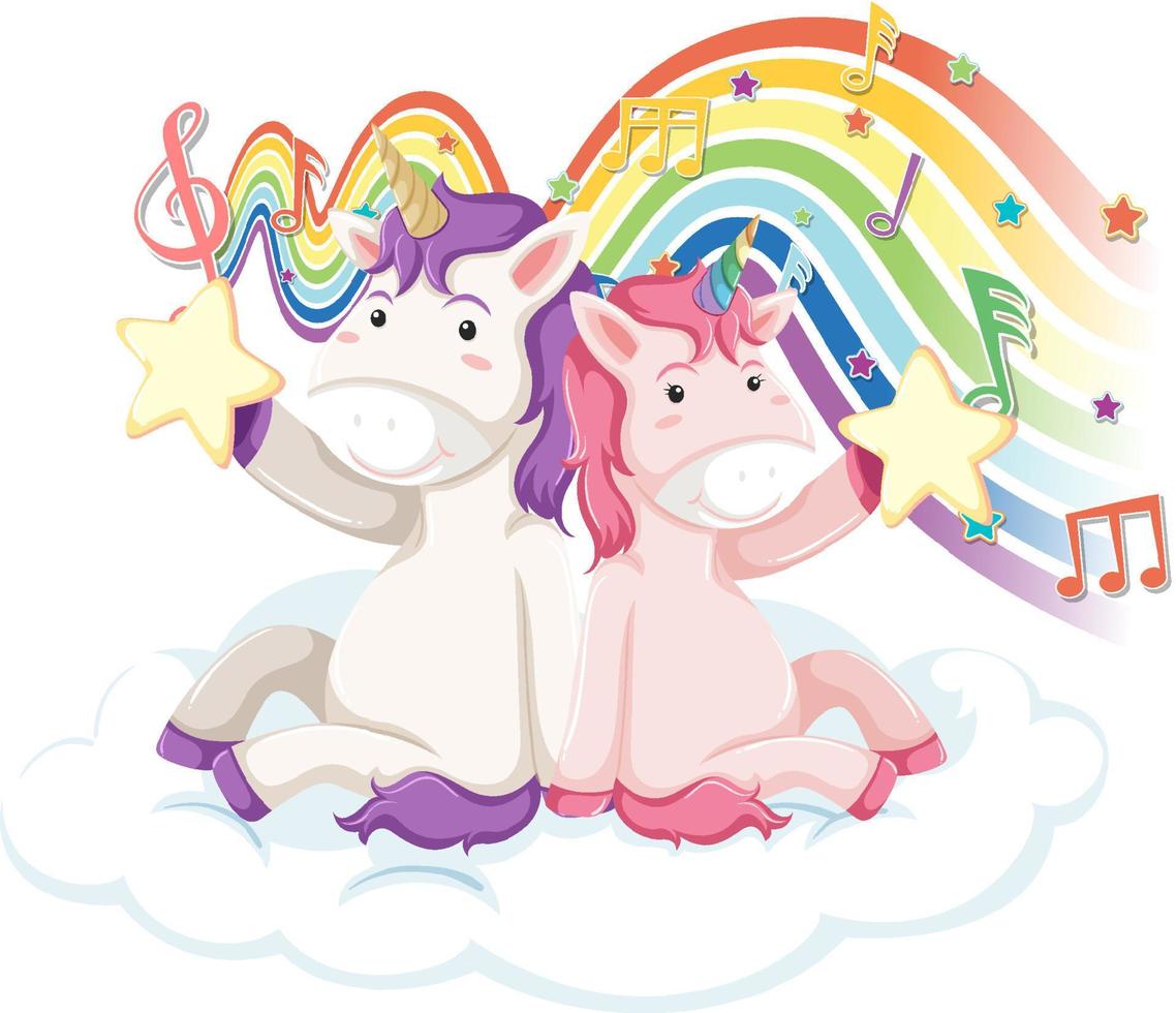 dos unicornios con símbolos de melodía en el arco iris vector