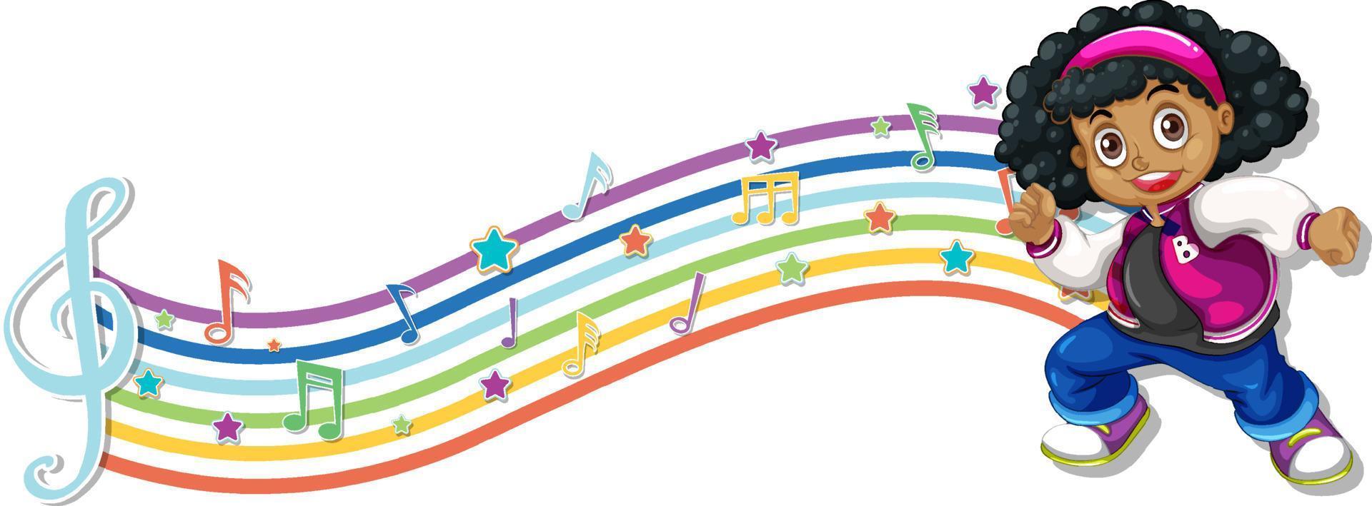 Cute girl with melody symbols on rainbow wave vector