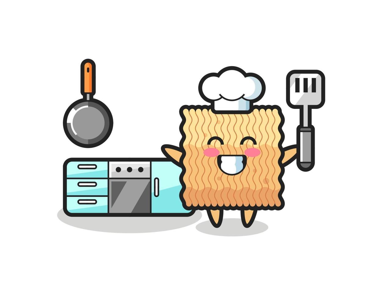 ilustración de personaje de fideos instantáneos crudos mientras un chef está cocinando vector