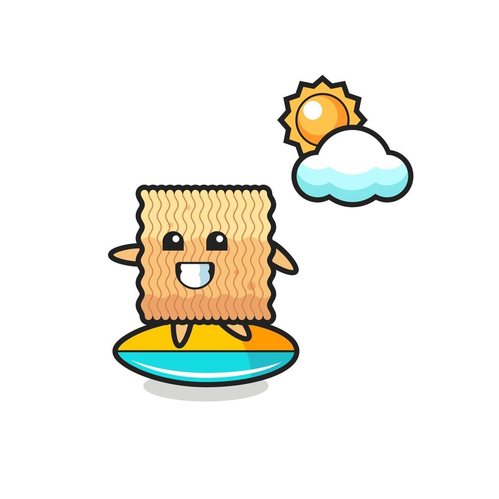 Illustration of raw instant noodle cartoon do surfing on the beach vector