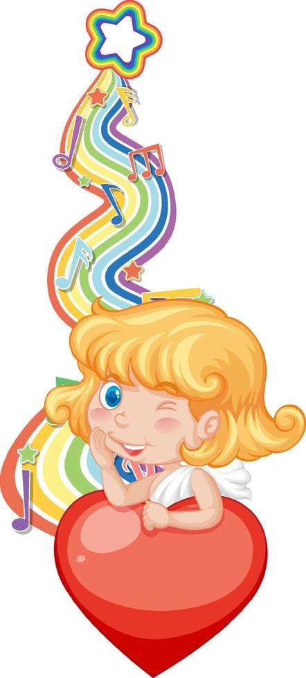 Cupid girl with melody symbols on rainbow wave vector