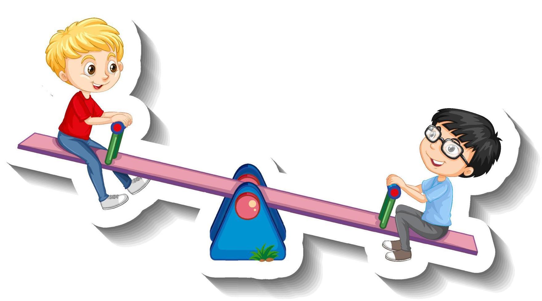 Two boys playing seesaw cartoon sticker vector