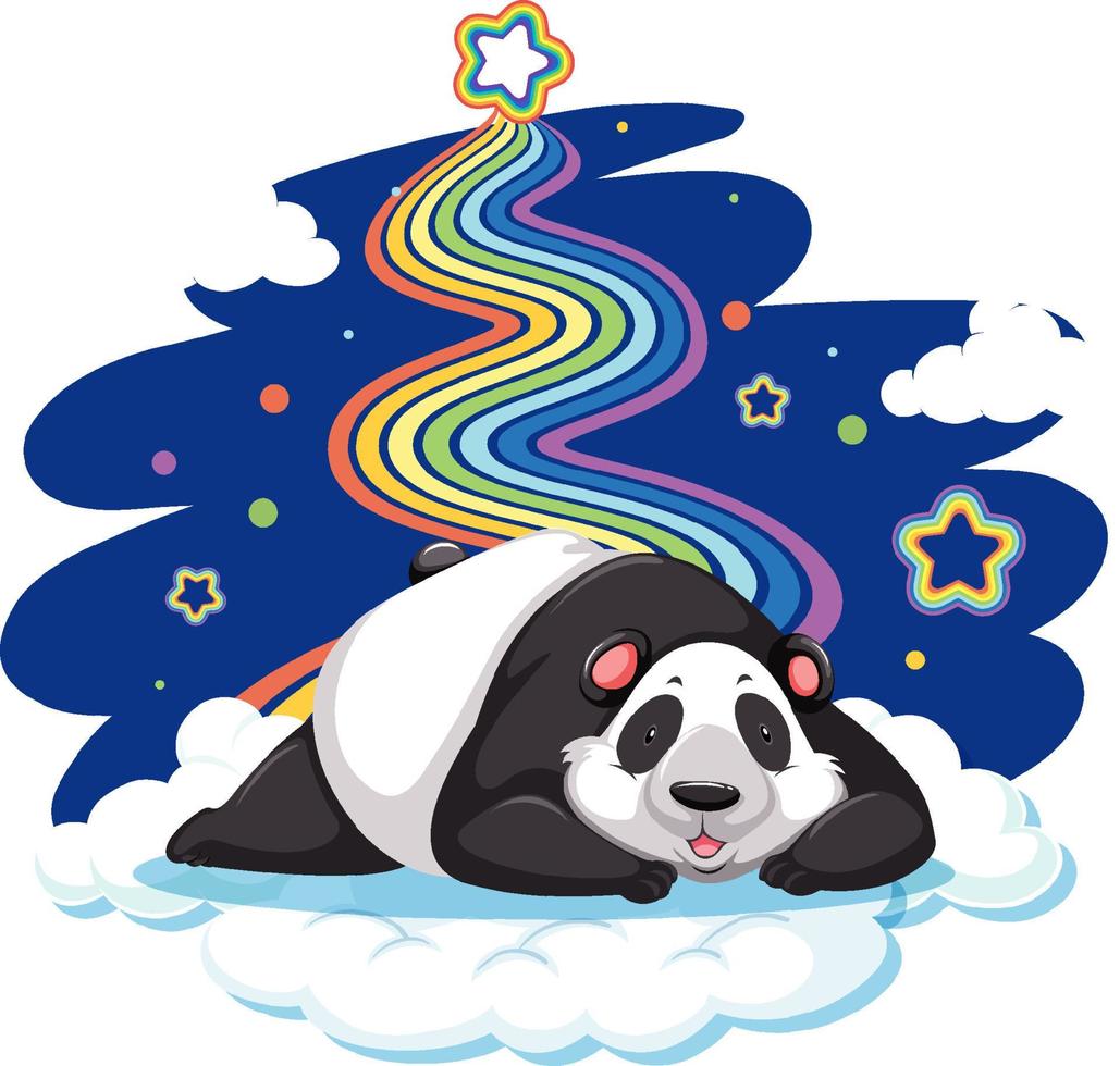 Panda laying on the cloud with rainbow vector