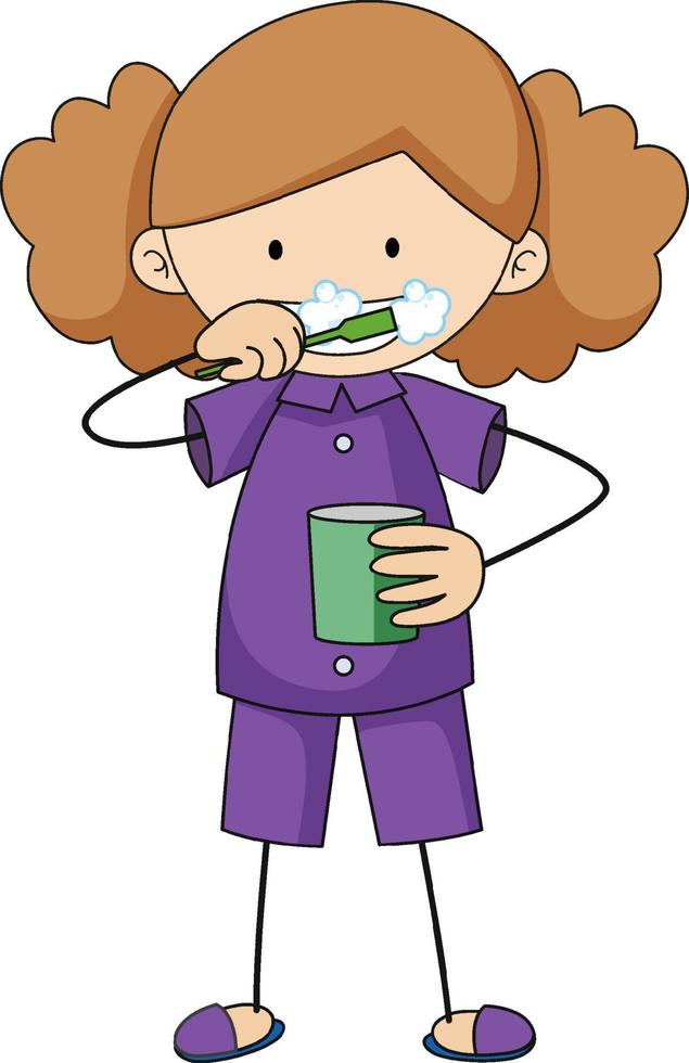 Little girl brushing teeth doodle cartoon character isolated vector