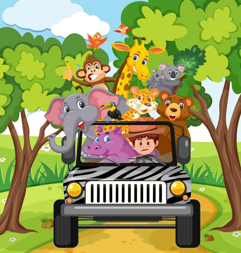 Escena del zoológico con animales felices en el coche. vector
