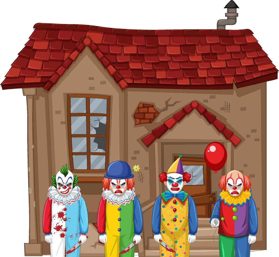 Creepy clowns standing in front of an abandoned house vector