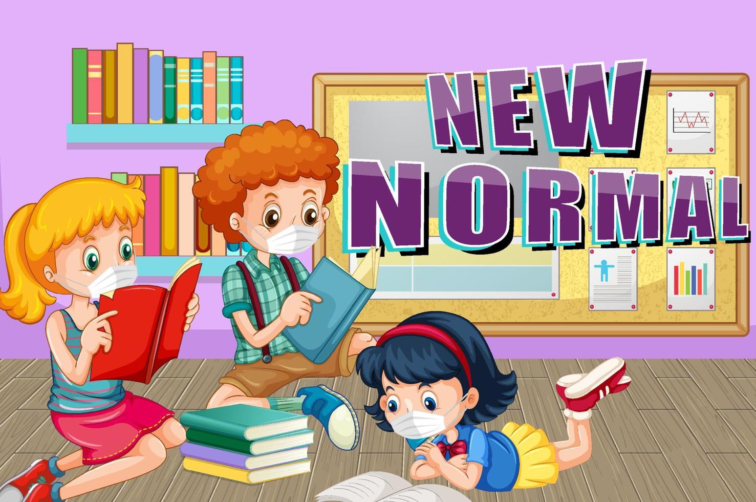 Nueva normalidad con niños con máscara en la biblioteca. vector