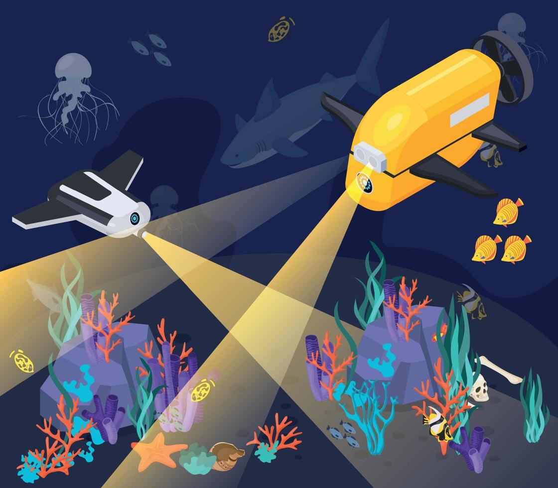 Isometric Underwater Vehicles Machines Equipment Composition vector