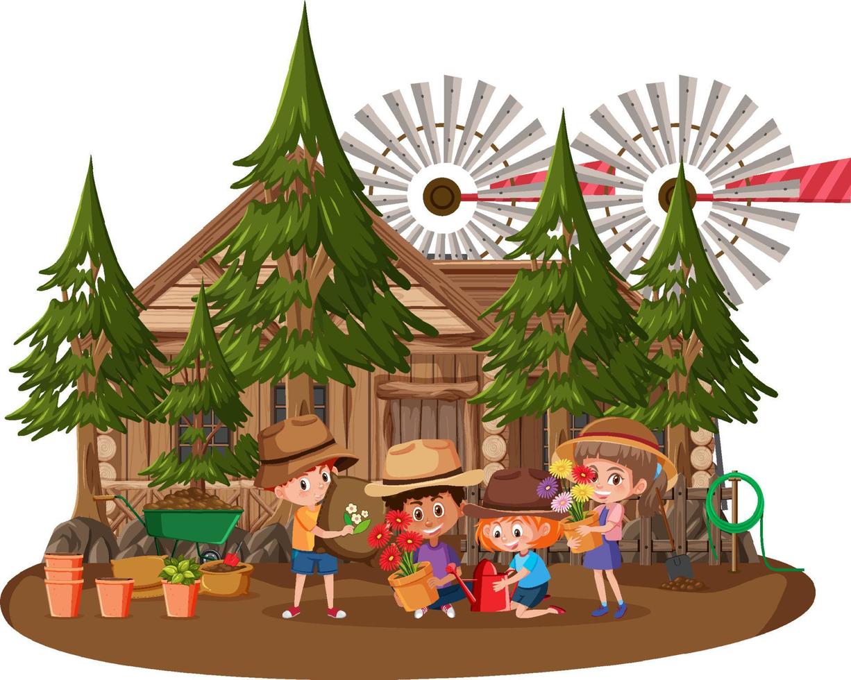 Wooden house with many children on white background vector