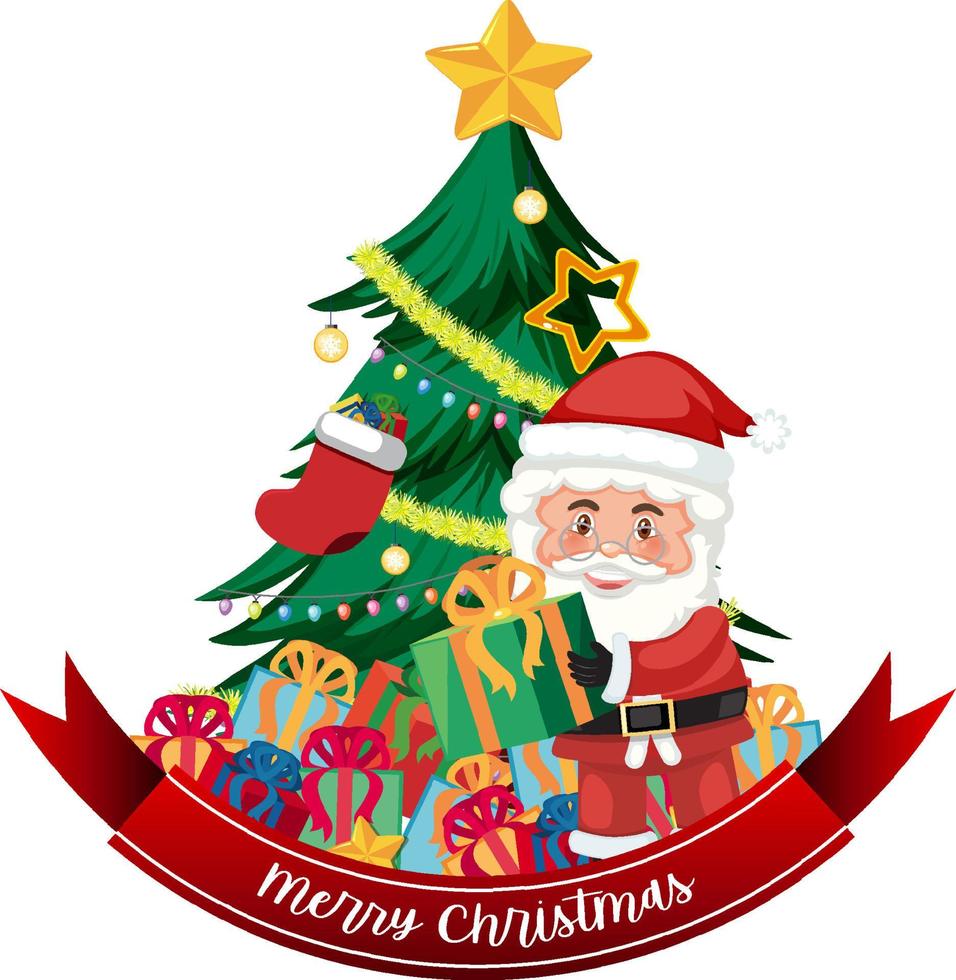 banner de texto de feliz navidad con santa claus y árbol de navidad vector