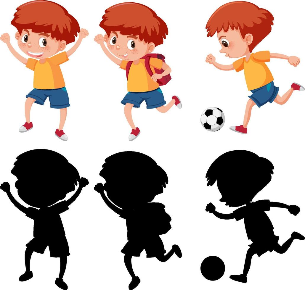 conjunto de un personaje de dibujos animados de niño en diferentes posiciones con su silueta vector