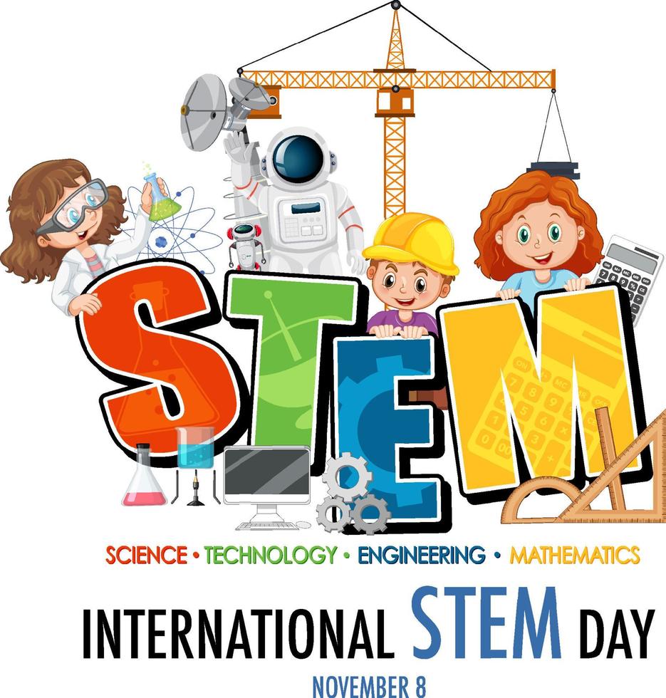 International STEM Day banner with kids cartoon character vector