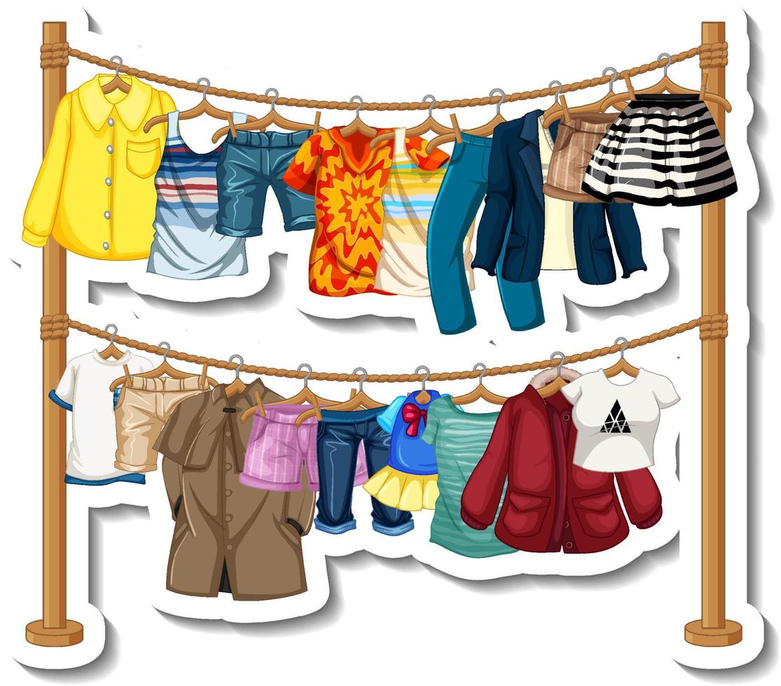 A sticker template of Clothes racks with many clothes on hangers on white background vector