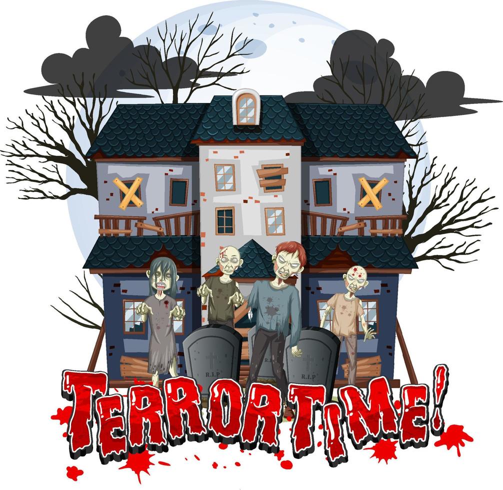 Diseño de texto de tiempo de terror con casa embrujada. vector