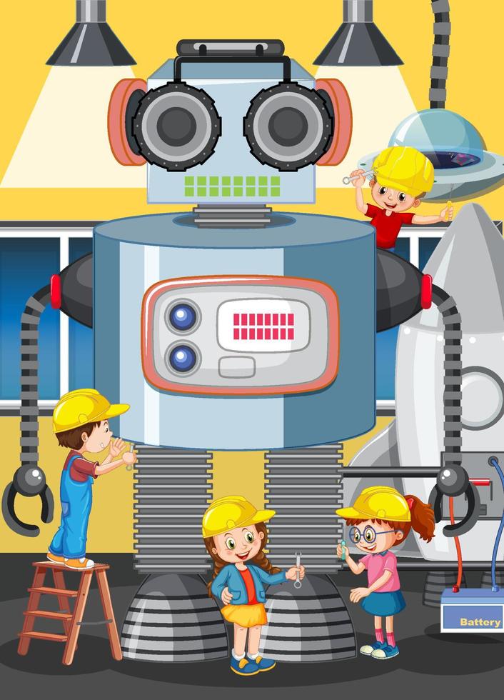 Scene with children building robot together vector