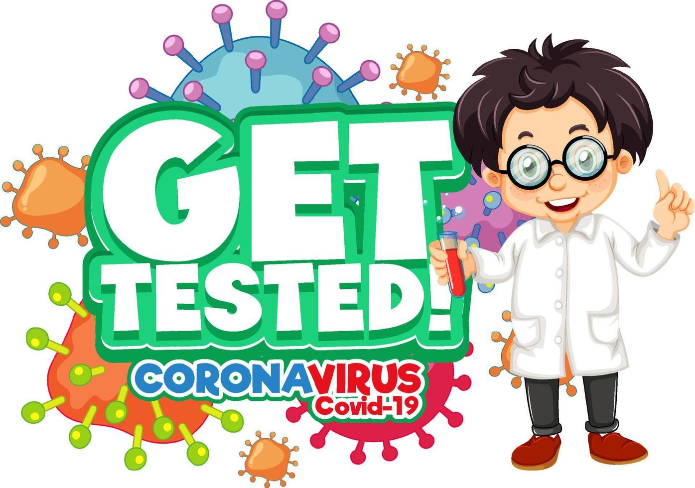 Get Tested font in cartoon style with a doctor man cartoon character isolated vector