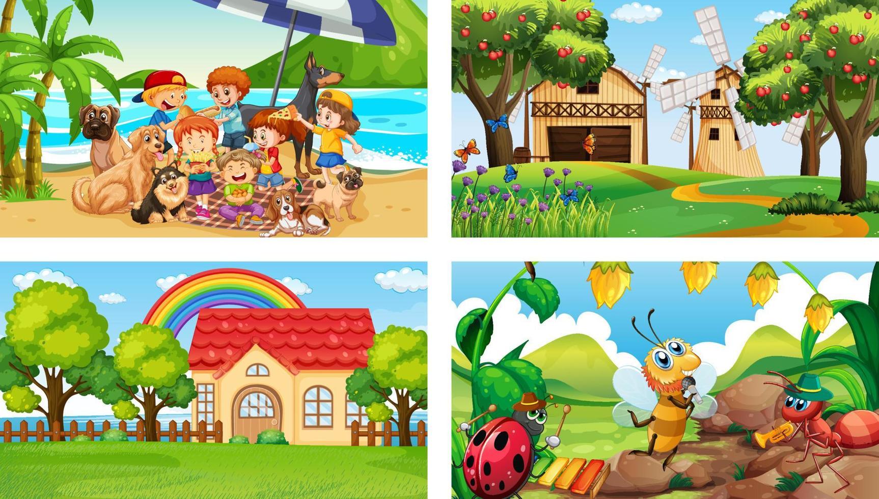 Four different scenes with children cartoon character vector