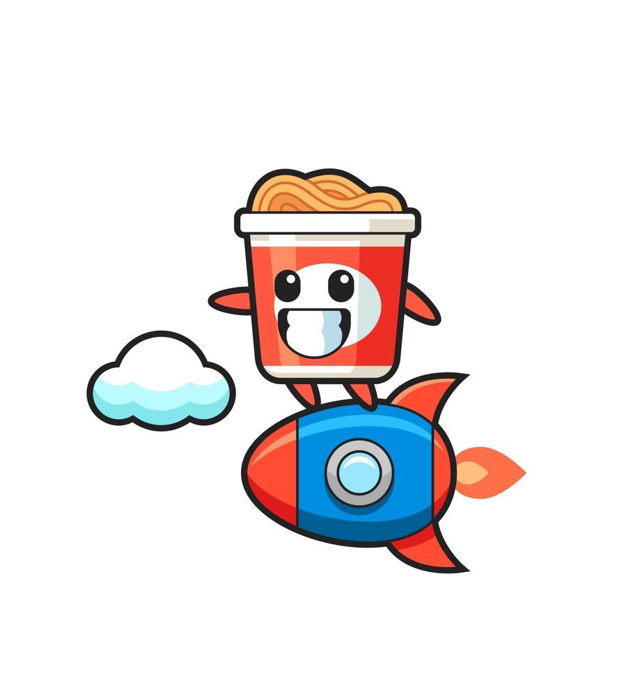 instant noodle mascot character riding a rocket vector