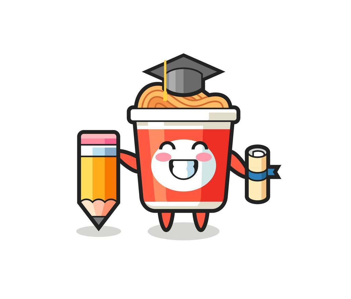 instant noodle illustration cartoon is graduation with a giant pencil vector