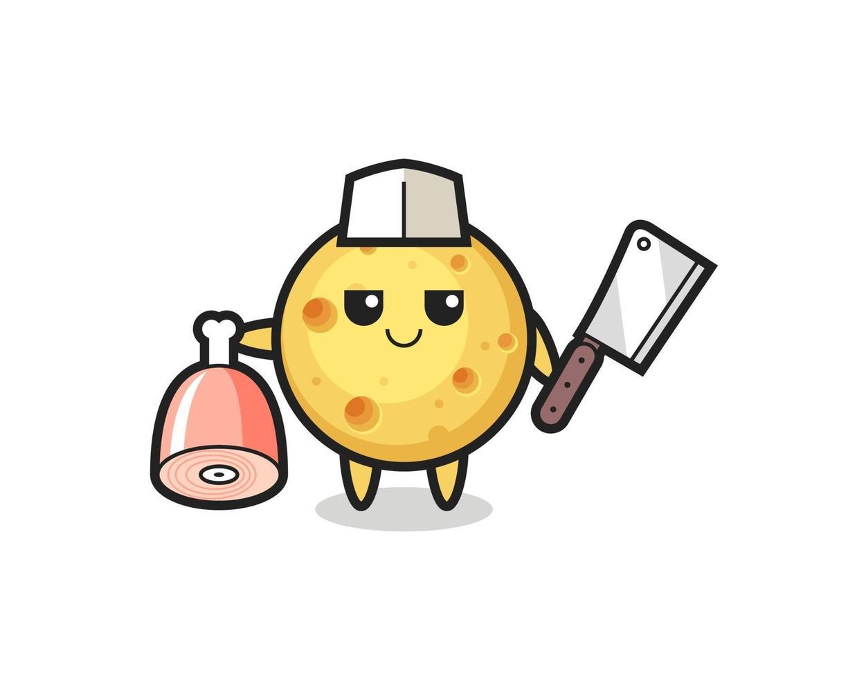Ilustración de personaje de queso redondo como carnicero. vector