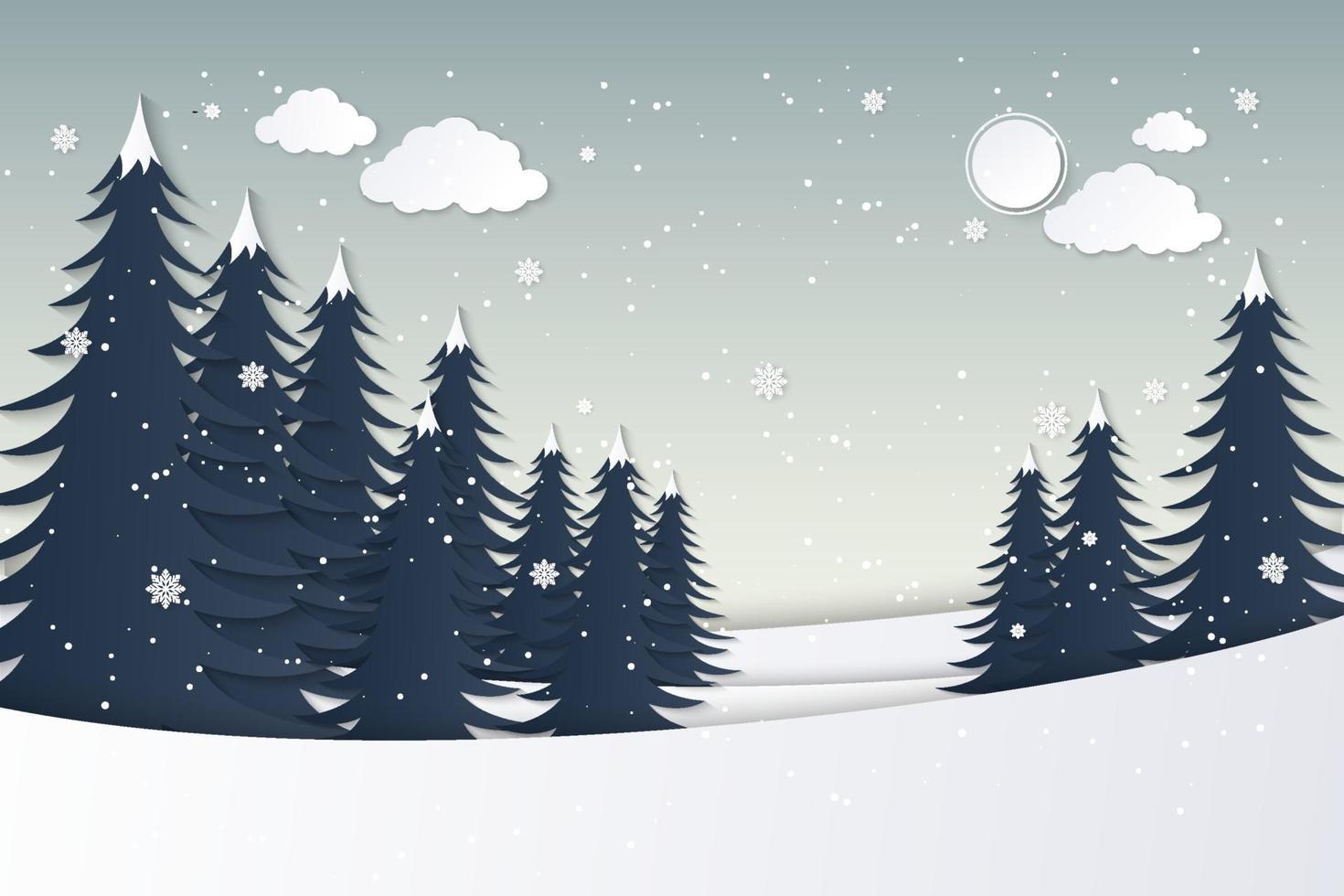 Merry Christmas greeting card with landscape in flat modern style vector