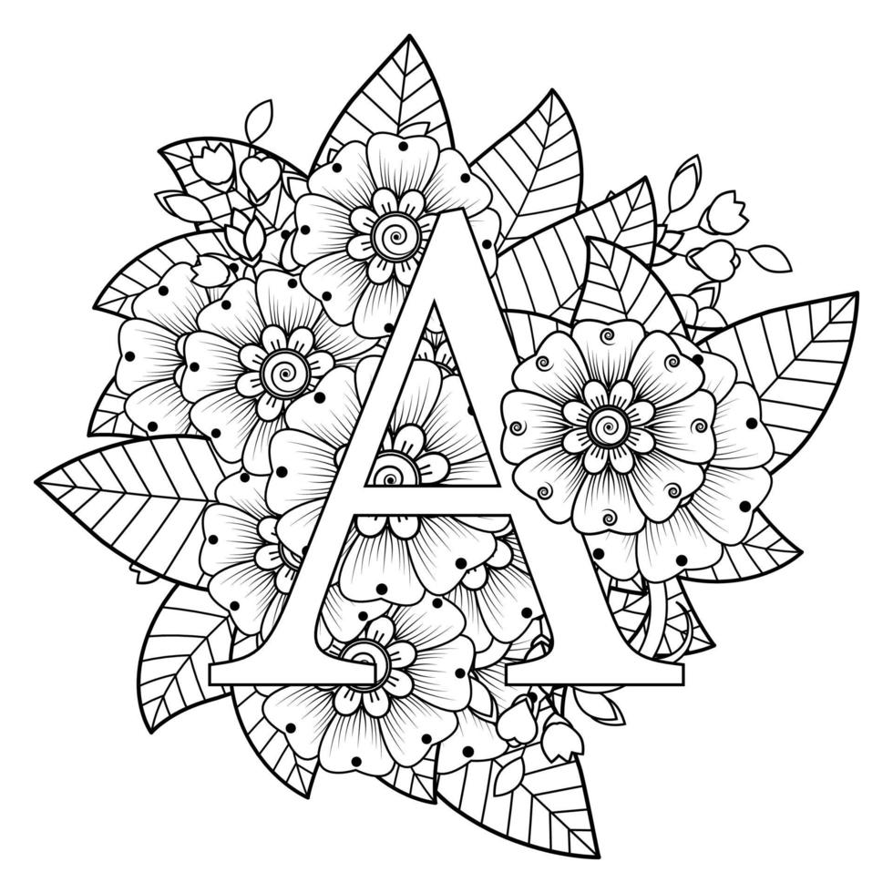 Letter A with Mehndi flower. decorative ornament in ethnic oriental.. vector