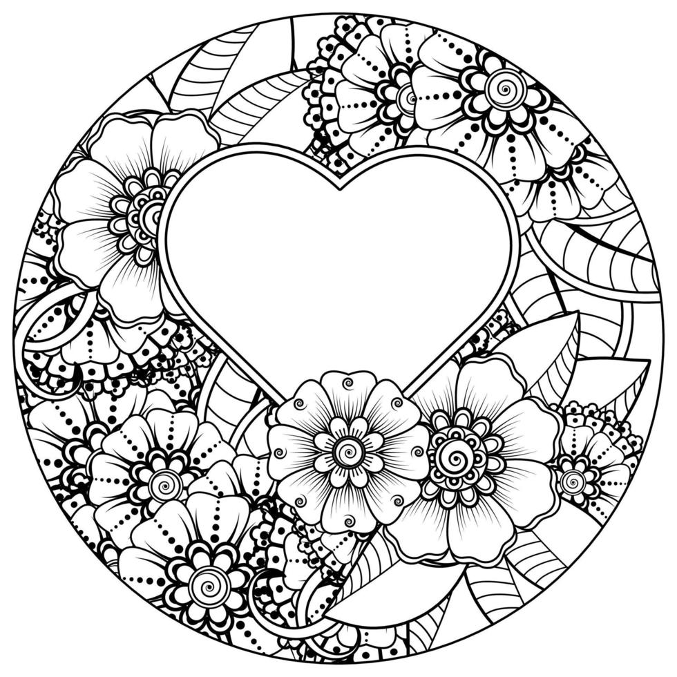 mehndi flower with frame in shape of heart vector