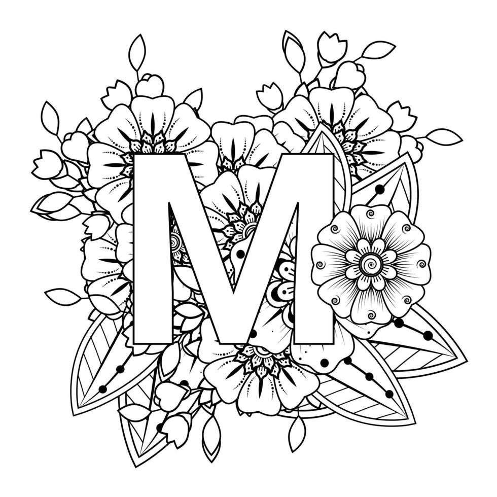 letra m con flor mehndi. adorno decorativo en etnias orientales. vector