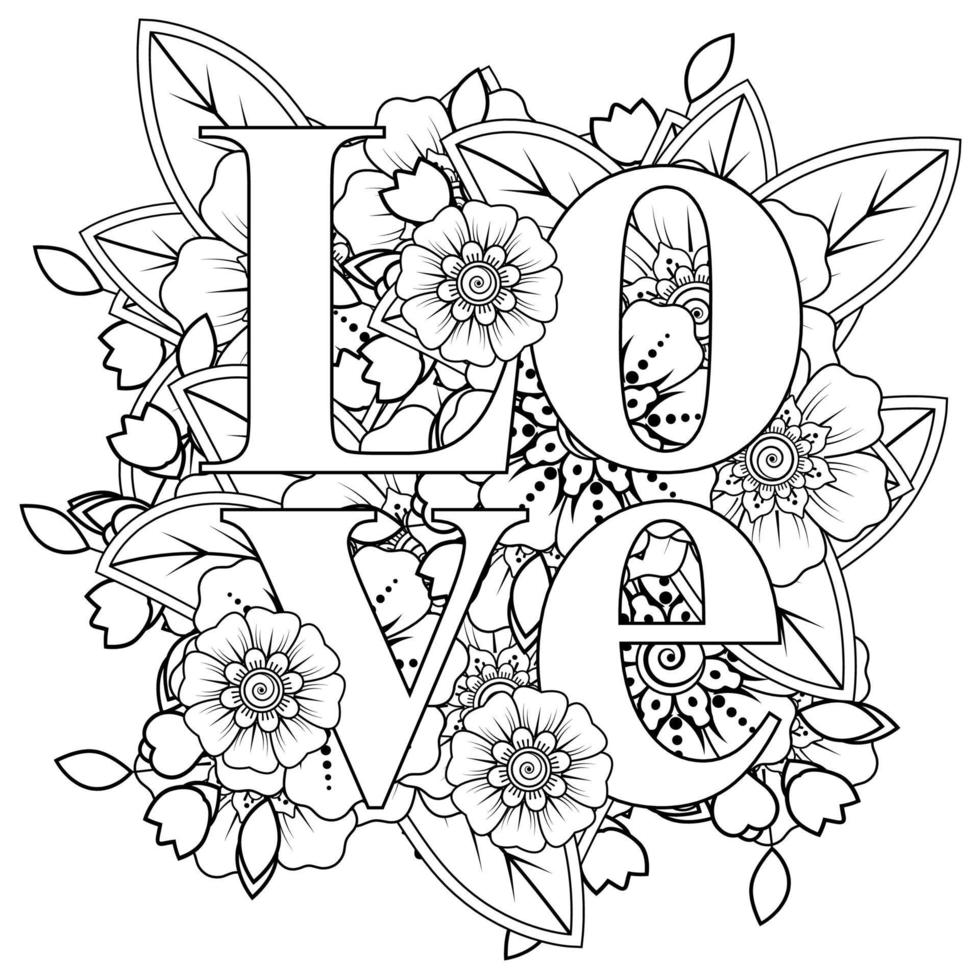 palabras de amor con flores mehndi para colorear página de libro doodle adorno vector