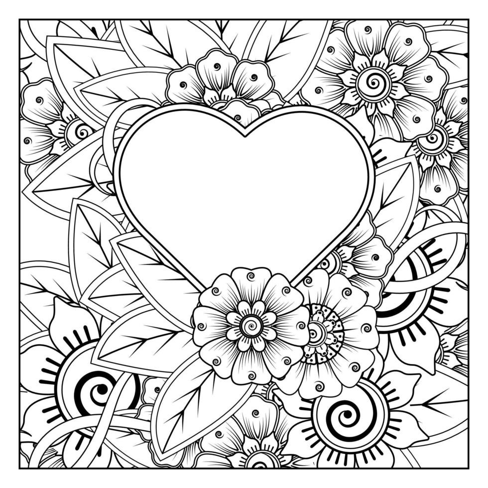 mehndi flower with frame in shape of heart vector