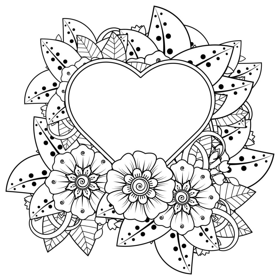 mehndi flower with frame in shape of heart vector