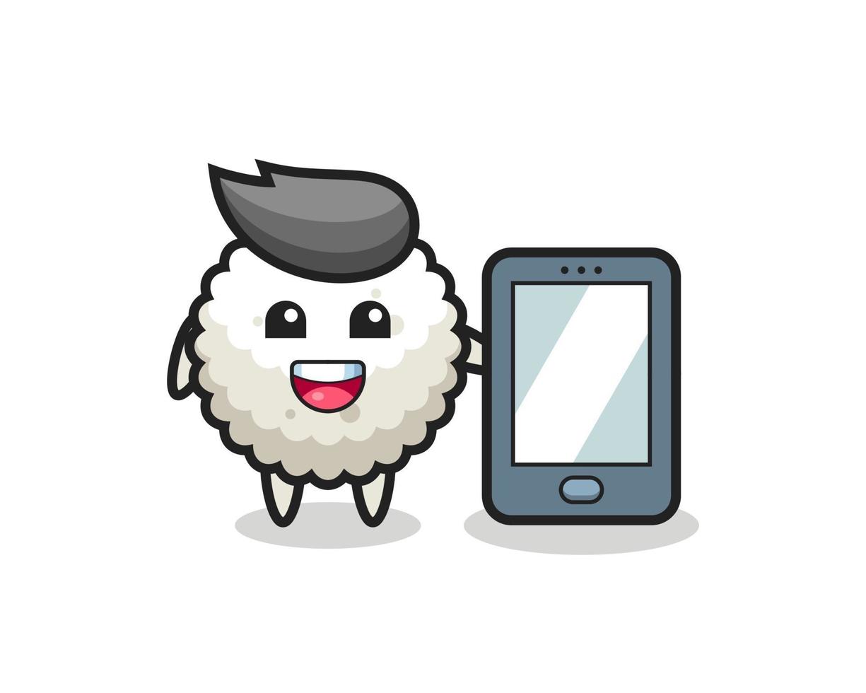 rice ball illustration cartoon holding a smartphone vector