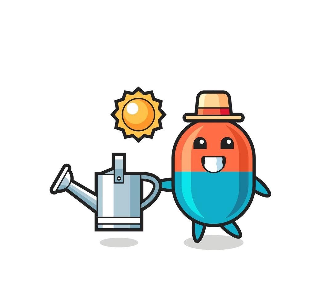 Cartoon character of capsule holding watering can vector