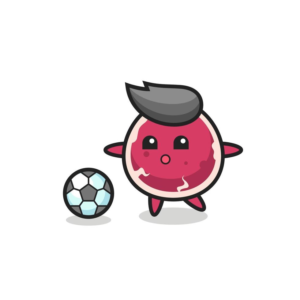 Ilustración de dibujos animados de carne de res está jugando al fútbol vector