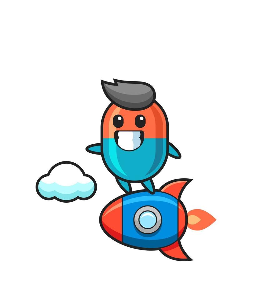 personaje de la mascota de la cápsula montando un cohete vector